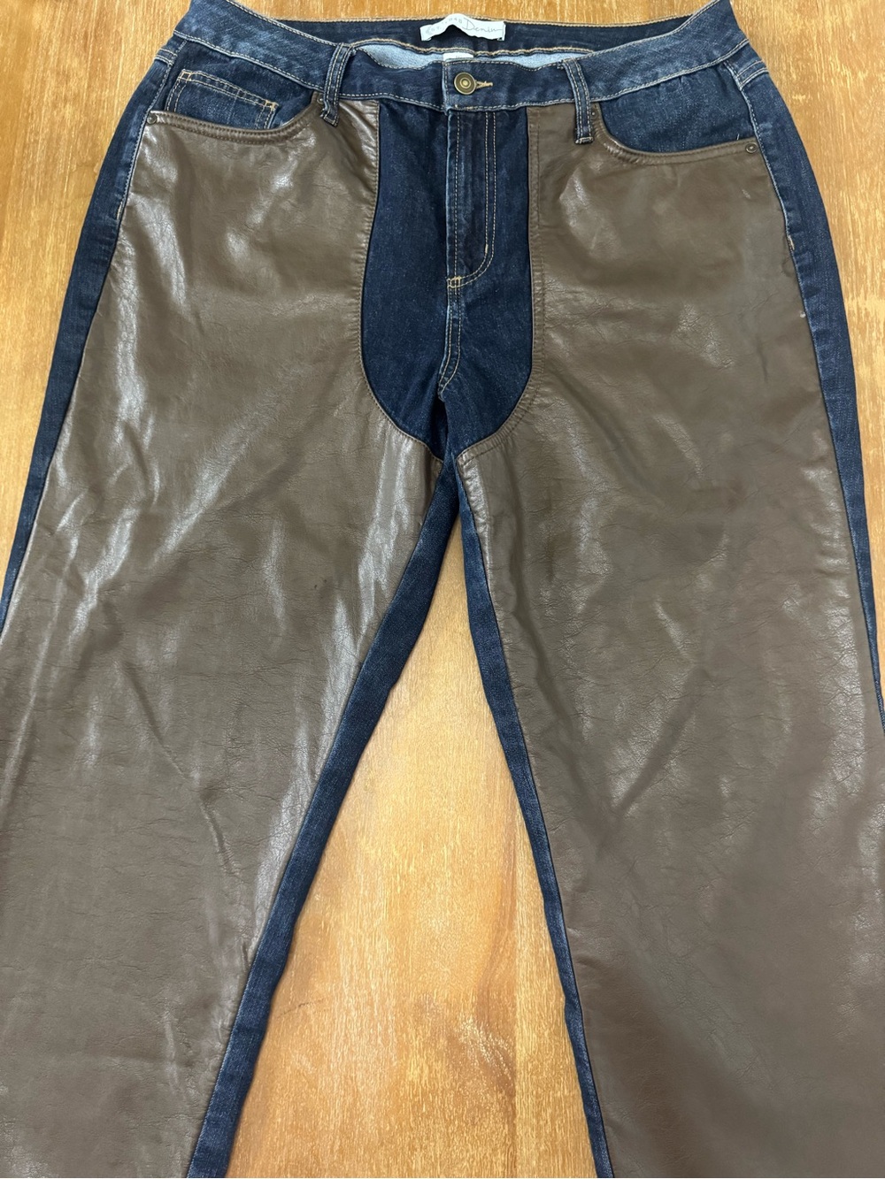 Brown Leather-Panel Straight Leg Jeans for Women